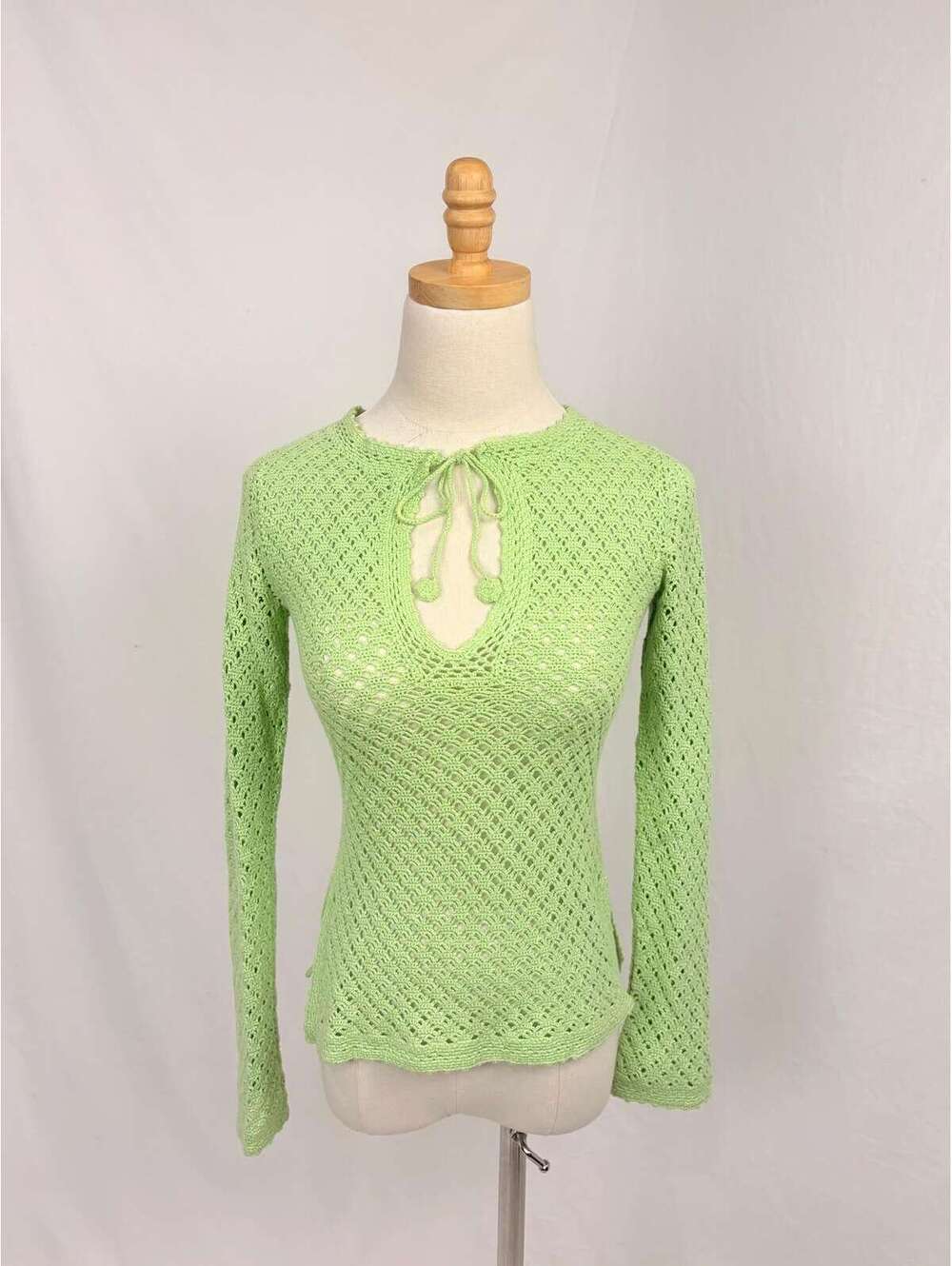 Vintage Banana Republic Lime Green Cotton Open Knit Tie-Neck Top XS Small